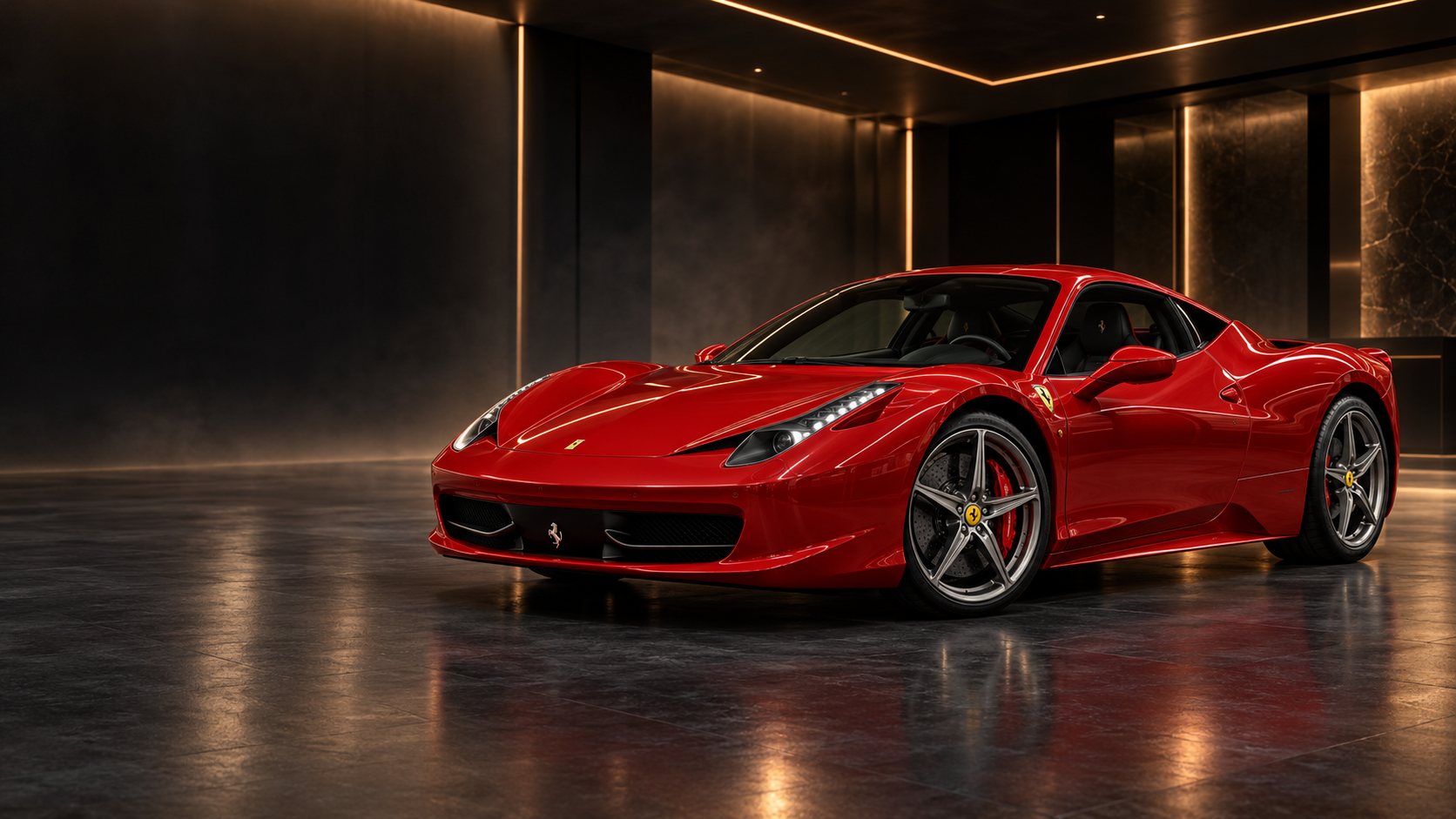 Karanlık stüdyoda kırmızı Ferrari 458 Italia; temsili görsel